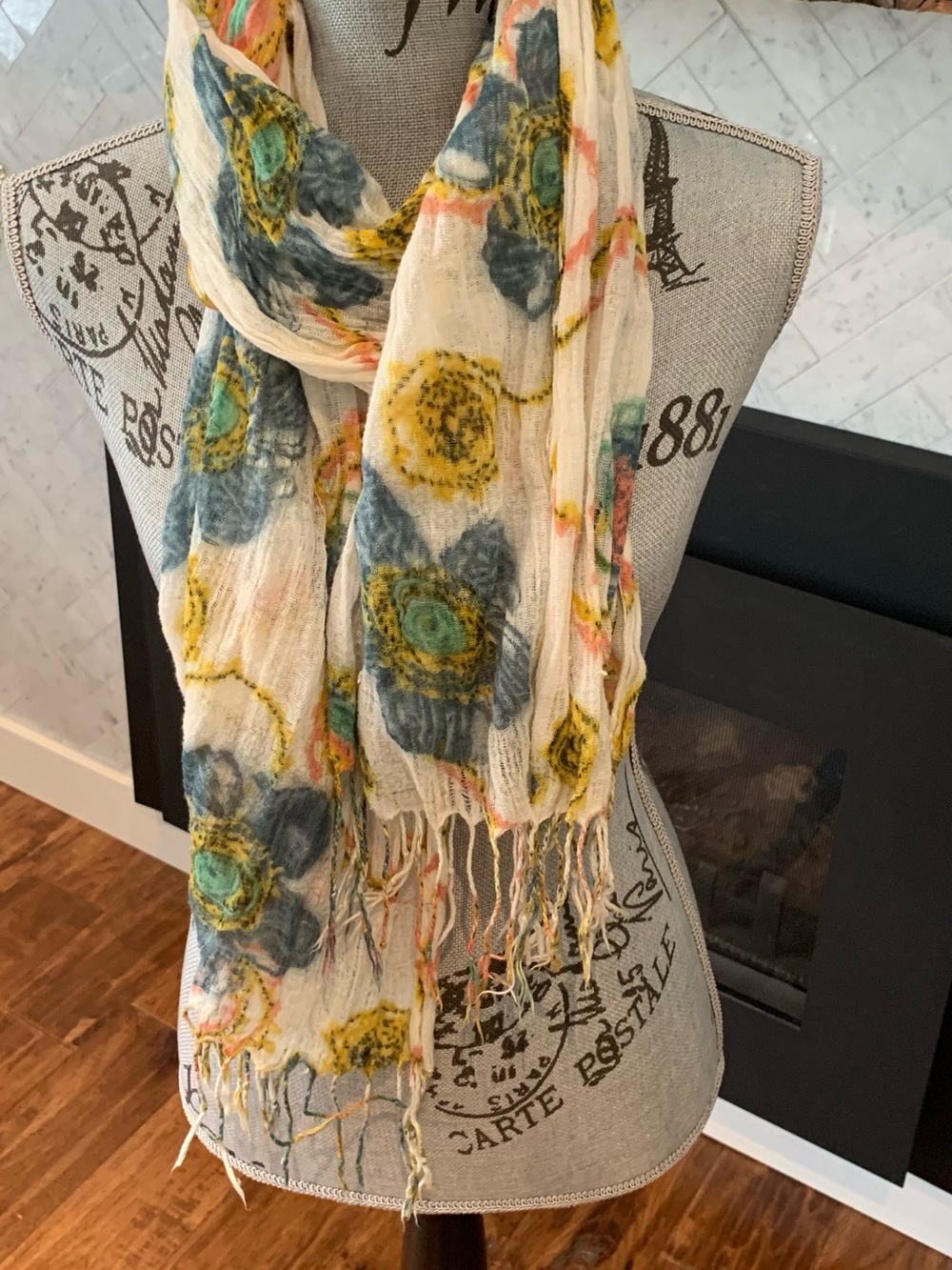 Source Unknown Cream Scarf with Blue and Yellow Floral Print